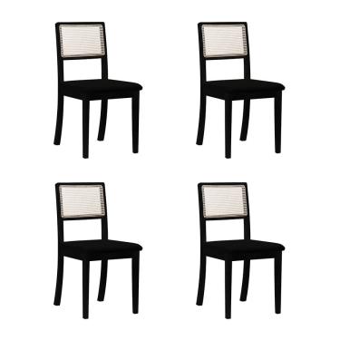 Imagem de Kit 4 Cadeiras Estofada Veludo Encosto em Tela Sextavada Rubi Madeira Maciça - Preto