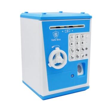 Imagem de harayaa Cofrinho eletrônico para crianças, código de senha, banco de dinheiro com slot para conta de rolagem automática, pequena máquina atm para crianças de, Azul