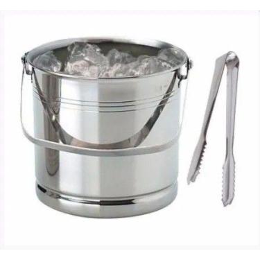 Imagem de Kit 2 Baldes De Gelo Aço Inox Pegador E Bandeja Separadora Bar