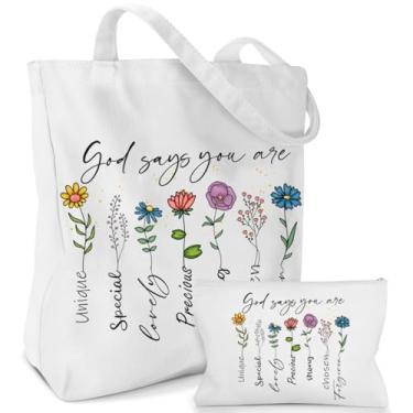Imagem de Kelxjia Pacote com 2 sacolas femininas de lona da Bíblia Cristã com bolsa de maquiagem Gods Says You Are Sacola Floral Estética, Branco, One Size, Cristão