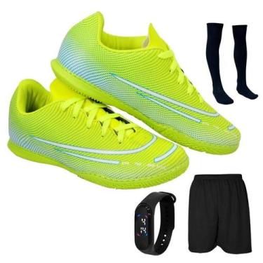 Imagem de Chuteira Futsal Adulto Juvenil Salão Quadra Futebol Novo + Meião Short