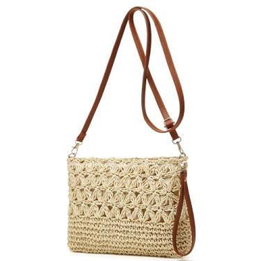 Imagem de Bolsas de praia de palha para mulheres bolsas de vime bolsa de palha tecida à mão bolsa de mão bolsa de ombro bolsa quadrada transversal, Bege