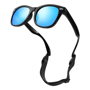 Imagem de LIU·WEN Óculos de sol polarizados fofos para bebês – Flexível dobrável com alça para recém-nascidos, meninos e meninas de 0 a 24 meses, Espelho A3 preto/azul brilhante, mdeium