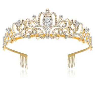 Imagem de FORENEE Tiaras de strass de coroa para mulheres - Coroa de aniversário de cristal com pentes - coroa de rainha para mulheres Tiaras de princesa para Halloween casamento Natal - ouro