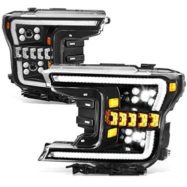 Imagem de DNA MOTORING HL-HAY-030-BK Par de faróis de projetor DRL com barra de luz LED 3D compatível com F150 2018-2020, lente preta/transparente/refletor âmbar