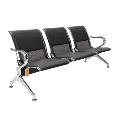 Imagem de Cadeira Longarina Preta com Estofado Preto 3 Lugares - Mak Decor