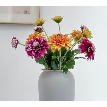 Imagem de Mythlty Flores artificiais de dália, flores falsas roxas e laranja com hastes flocadas, flores de seda com hastes longas para decoração de escritório em casa, decoração de mesa de centro de mesa