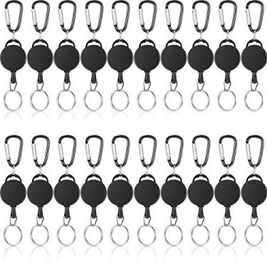 Imagem de 20 peças de chaveiro retrátil resistente para crachá de identidade, clipe de carretel com corda de aço e fivela de metal, chaveiros retráteis para carregar chaves, preto