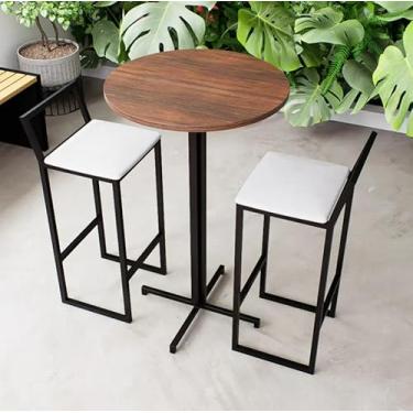 Imagem de Conjunto Mesa Alta Bar Bistrô Redonda Imbuia 2 Banquetas Confort Estofado Industrial Black (Branco)