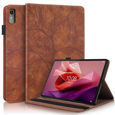 Imagem de Capa para Lenovo Tab P12 12,7 polegadas 2023, capa de couro PU leve com suporte flip com faixa elástica e suporte de cartão para Lenovo Tab P12 SM-TB370FU/TB371FC-marrom