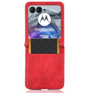 Imagem de Capas Compatível com MOTO Razr 50.Estilo Retro Design de pé Leather Flip Case com slots de cartão de carteira.Capas para MOTO Razr 50-Red