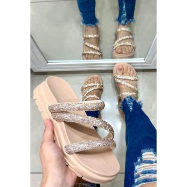 Imagem de Papete  Rasteira 3 Tiras Brilho Elegante Feminina - brazilinas, Rose, 