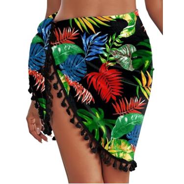 Imagem de AI'MAGE Saída de praia Sarong Wraps para mulheres, saída de praia com borlas, saia curta para roupa de banho, Folha preta, GG