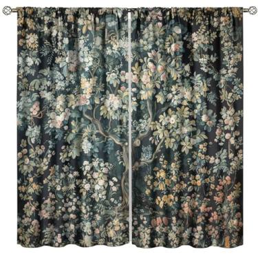 Imagem de Cortinas estilo William Morris, arte exótica retrô com folhas de árvores florais coloridas escuras, tratamentos de janela, padrão sem costura, cortinas blackout para sala de estar, quarto, banheiro,