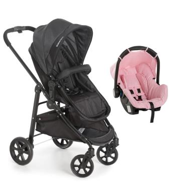 Imagem de Carrinho Olympus Preto com Bebê Conforto Grid Rosa