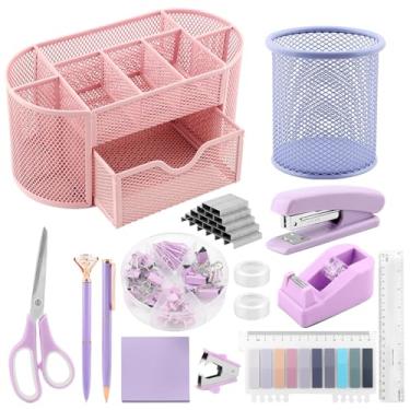 Imagem de Conjunto de material de escritório de malha organizador de mesa kit de acessórios inclui fita grampeadora, grampeador, conjunto de clipes roxos, tesoura (cor: rosa)