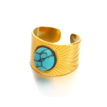 Imagem de CHAKRA HEALING REIKI CHR Anel de banda larga para mulheres, anel de abertura ajustável banhado a ouro de aço inoxidável grosso turquesa/olho de tigre listrado joia, Aço inoxidável Aço inoxidável