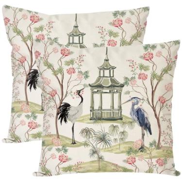 Imagem de PANDICORN Chinoiserie Capas de almofada 50 x 50 cm Conjunto de 2 guindaste pagode rosa verde vintage decorações para exterior Grandmillennial fronhas decorativas para casa, sala de estar, sofá