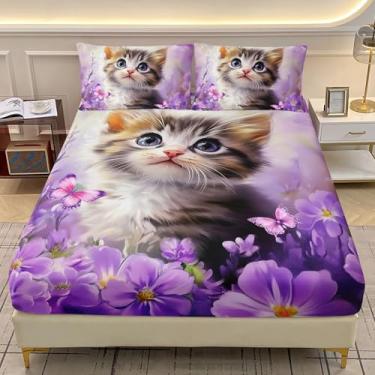Imagem de AILONEN Jogo de lençol infantil solteiro, tamanho GG, gato kawaii, gato fofo, flor roxa e gato, 1 lençol com elástico com 2 fronhas, 3 peças