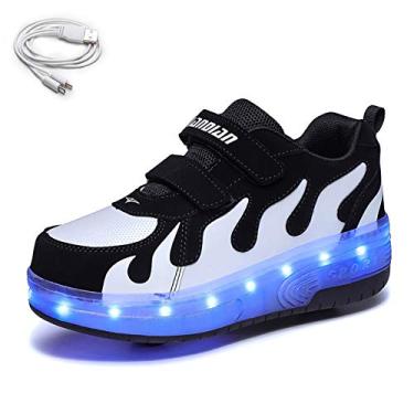 Imagem de Ehauuo Tênis infantil com luz de LED e carregador USB com rodas retrátil tênis de skate para meninos e meninas unissex, D-white, 1.5 Little Kid