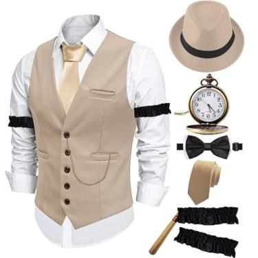 Imagem de ZeroShop Fantasia masculina de Halloween anos 20 Peaky Blinders Roaring 20s Gangster Mobster Outfit, Colete de chapéu bege, P