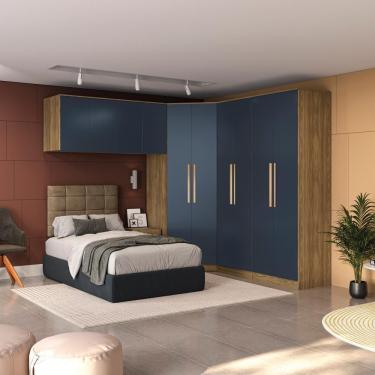 Imagem de Quarto Modular Kappesberg Adapt Nogueira/azul Profundo 6 Peças 260cm X 256cm