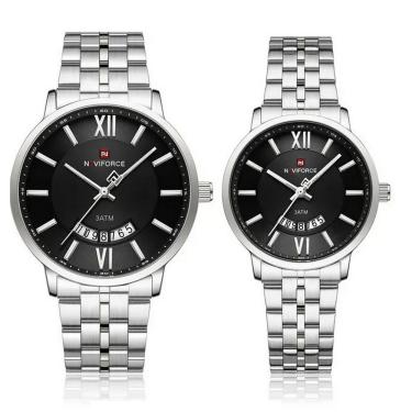 Imagem de Relogio De Pulso Conjunto Casal Em Aço Inoxidável De Quartzo Design Casual Impermeavel 3atm Preto Prata