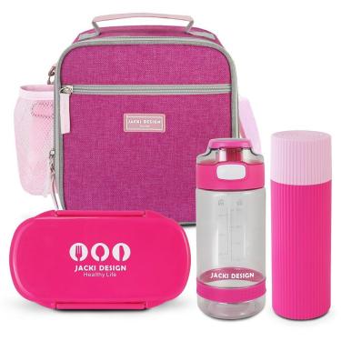 Imagem de Lancheira Térmica E Pote P/ Lanche 450 Com Garrafa 550ml E Porta Acessórios Multiuso Pink