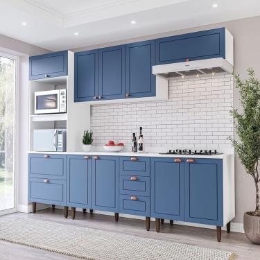 Imagem de Cozinha Pérola Com Tampo 5 Peças Torre Quente Aéreo 3 Portas Balcão 120 Balcão 80 E Basculante Yesca Branco / Azul