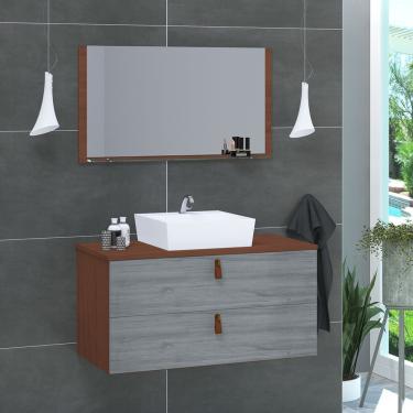 Imagem de Gabinete De Banheiro Suspenso 2 Gavetas Berlim 60cm Natura E Cinza Rovere - Cinza