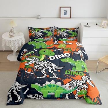 Imagem de Manfei Jogo de cama solteiro com estampa de dinossauro, animais de safári vintage, para decoração de quarto de crianças, adolescentes, dinossauros, ossos de dinossauro, edredom reversível, 2 peças