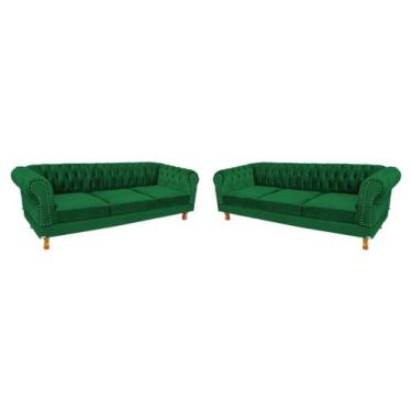 Imagem de 2 Sofás Chesterfield Capitone Duque Suede verde bandeira 2,00cm - novo