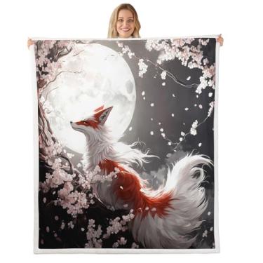 Imagem de Cobertor infantil raposa japonesa, cobertor de cama japonês Ukiyoe flor de cerejeira lua para meninos e meninas, cobertor de lã retrô de animal selvagem, cobertor felpudo cinza e branco, tamanho Queen