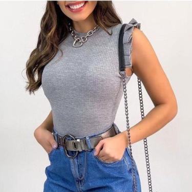 Imagem de Blusa Canelada Manga Babado Cavada Moda Feminina - Filó Modas, M, Bord