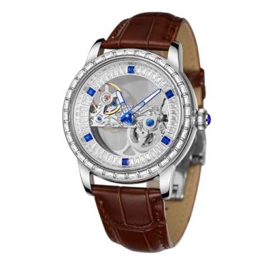 Imagem de FORSINING Relógio masculino automático, estilo popular, esqueleto com pulseira de couro genuíno, Branco e marrom, Tendência