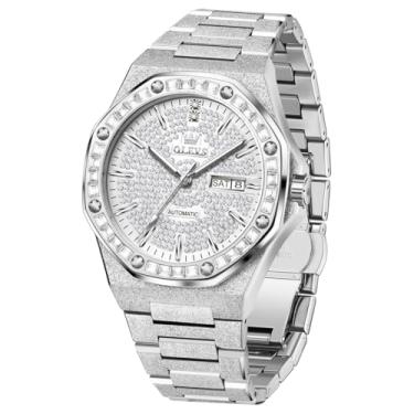 Imagem de OLEVS Relógio de pulso automático masculino com corda automática, mecânico, diamante de luxo, aço inoxidável, à prova d'água, luminoso, 9803: prata