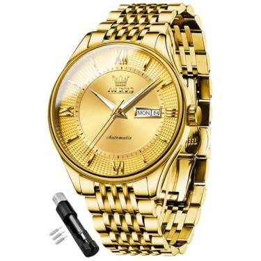 Imagem de OLEVS Relógios masculinos automáticos automáticos automáticos mecânicos executivos luxuosos relógio de pulso de aço inoxidável à prova d'água luminoso dia data, 6657: Pulseira dourada e mostrador