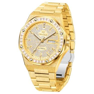 Imagem de OLEVS Relógio de pulso automático masculino com corda automática, mecânico, diamante de luxo, aço inoxidável, à prova d'água, luminoso, 9803: ouro
