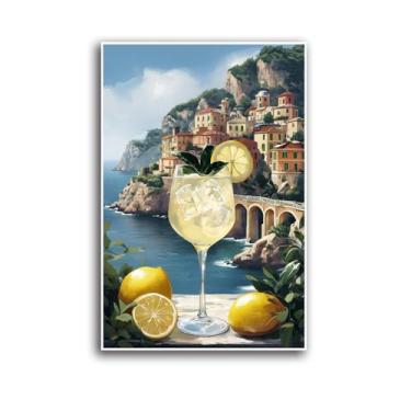Imagem de GOVWSRBJ Sem moldura Vintage Praia Rosa Amalfi Limoncello Impressão Costa Italiana Mural Limão Coquetel Limão Amalfi Bebida Mediterrânea Arte Italiana Decoração Estilo Italiano para Meninas Preppy