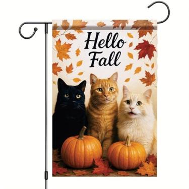Imagem de Starlit Patio Hello Fall Garden Flag Cat Pumpkin Flag 30,5 x 45,7 cm Faixa externa de outono frente e verso com três gatos decoração de folhas para varanda gramado caminho amante de gatos Dia das
