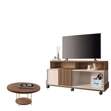 Imagem de Rack Bancada Graci 1.3 com Mesa de Centro Sky Castanho Off White – HB Móveis