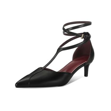 Imagem de XBKXMK Salto gatinho feminino bico fino sapato social de couro salto médio com tira em T, Preto, 35