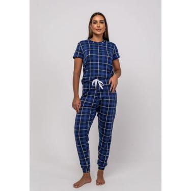 Imagem de Pijama Calça e Blusa M/C Malha Xadrez Azul Salvatore Fashion, G