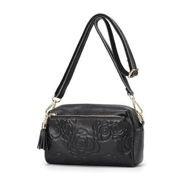 Imagem de Carteira feminina de couro genuíno, franja, padrão rosa, alça de ombro removível, mini bolsa transversal e bolsa de armazenamento