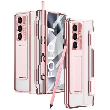 Imagem de PUROOM Capa transparente para Samsung Galaxy Z Fold 7 com suporte para caneta e S Pen, protetor de tela integrado, suporte com tudo incluído, proteção de dobradiça transparente (ouro rosa)