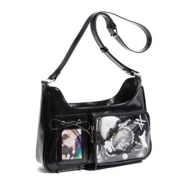 Imagem de QUDUME Bolsa Ita preta, bolsa Ita para exibição de boneca, bolsa tiracolo de ombro único, bolsas de couro PU para crachá, botão de mercadoria, artigos de fãs, bonecas, exibição de brinquedos de