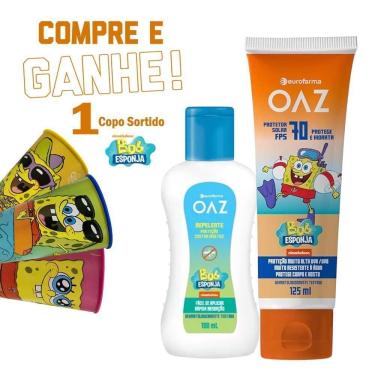 Imagem de Protetor Solar OAZ Kids Bob Esponja FPS 70 125ml + Repelente Infantil OAZ Bob Esponja 4h Proteção Eurofarma 100ml