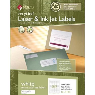 Imagem de MACO Etiquetas de endereço de devolução brancas a laser/jato de tinta, 1/2 x 1-3/4 polegadas, 80 por folha, 8000 por caixa (RL-8100)