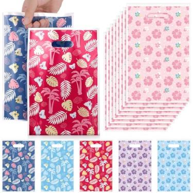 Imagem de Czlotyh 120 peças de sacolas de plástico havaiano para presente de festa tropical, multicolorido, hibisco, monstera, petisco, doces, lembrancinhas de festa com alça cortada para aniversário, Havaí