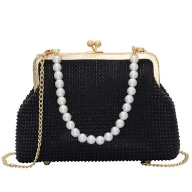 Imagem de YeBon Mala de mão elegante com diamantes de imitação para mulher, para casamento, graduação, festa, noite, bolsa brilhante com corrente desmontável e alças de pérolas, Preto, M